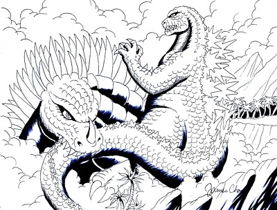 GODZILLA KAIJU BATTLE FINE ART  ORIGINAL COMIC ART  BLACK INK SKETCH-image
