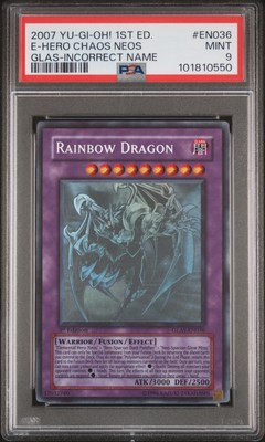 YU-GI-OH! 1ST RAINBOW DRAGON MISPRINT GLAS-EN036 ELEMENTAL HERO CHAOS NEOS PSA 9-image