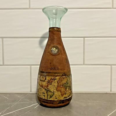 Vintage Leather Bound Wine Decanter Bottle World Map Brown Green Glass Handmade-image