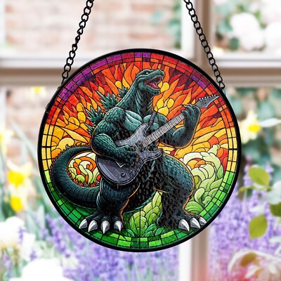 Godzilla Play Guitar Stained Glass Suncatcher, Cool Rock Music Window Decor-image