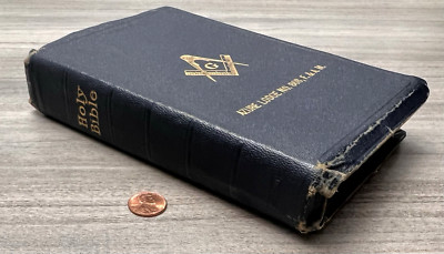 Freemason Azure Lodge Holman KJV Bible Leather 1939 Masonic Masonry ~ Signatures-image