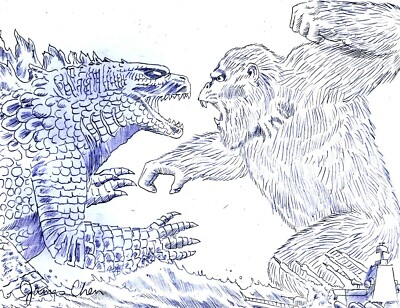 GODZILLA VERSUS KING KONG ORIGINAL COMIC ART 2 ON CARD STOCK -image