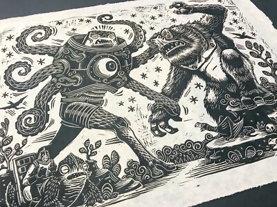 Attack Peter Takoro vs Space Yeti  Limited Linocut #/50 Movie Art Print Poster-image