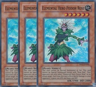 Yugioh - Elemental HERO Poison Rose x 3 - Super Rare LP - Free Holographic Card-image