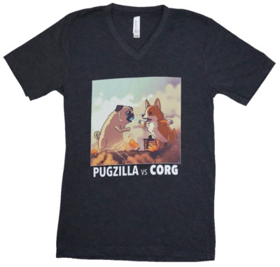 PUGZILLA VS CORG Size S Gray Shirt Godzilla Kaiju Fight Funny Dogs Anime Monster-image