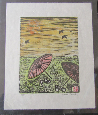 Umbrella bird geta shoe woodcut woodblock print Japanese moku hanga washi signed-image