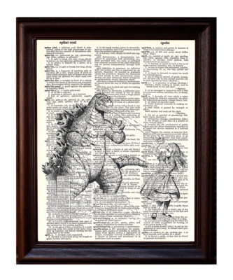 Godzilla Vs Alice - Dictionary Art Print Printed On Authentic Vintage Dictionary-image
