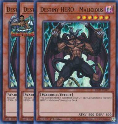 Yugioh! 3x Destiny HERO - Malicious RA03-EN001 Ultra Rare 1st Ed NM-image