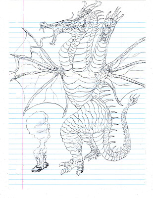 art work original pincil drawing 11 x 7  Godzilla-image