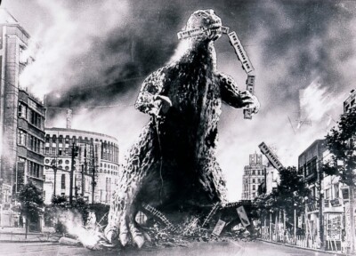 Vintage Godzilla Movie Art Eating a train 8x10 Photo-image