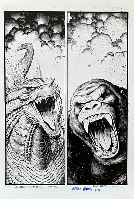 ARTHUR ADAMS rare GODZILLA & KING KONG art print SIGNED limited B/W LAST TWO!-image
