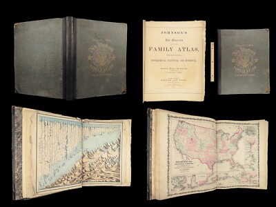 1863 Johnson Family ATLAS Geography Color MAPS Texas California New York HUGE-image