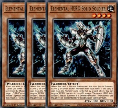 Yugioh - Elemental HERO Solid Soldier x 3 - 1st Rare NM - Free Holographic Card-image