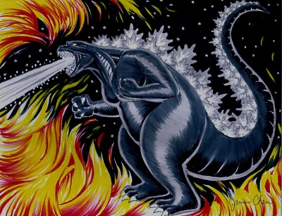 GODZILLA BACK LIGHTING UP FINE ART  ORIGINAL COMIC ART COLOR SKETCH ON CARDSTOCK-image