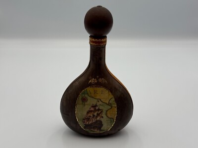 Vintage Italian Leather Bound Decanter/Bottle Map & Ship Front Gold Edging-image