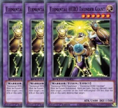 Yugioh - Elemental HERO Thunder Giant x 3 - 1st Edition NM - Free Holo Card-image