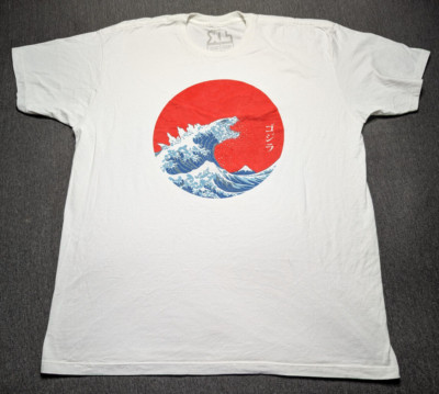 BustedTees Godzilla Great Wave XL Graphic T-Shirt Red Sun Japan Art Style Tee-image