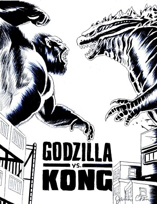 GODZILLA VS KONG BLACK INK ORIGINAL COMIC ART MINI POSTER  ON CARD STOCK-image