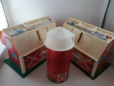 2 Vtg FISHER PRICE Little People PLAY FAMILY FARM w/Silo #915 Moo Sound Barn -image