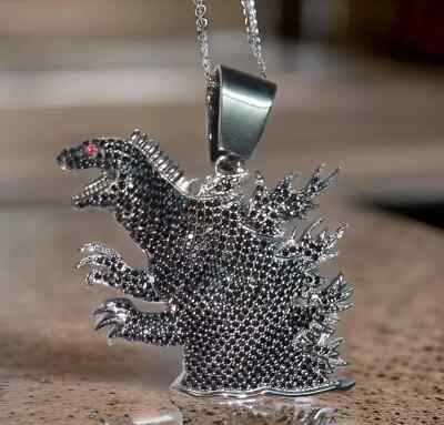 2Ct Round Lab-Created Black Spinel Godzilla Pendant 14K Black Gold Plated-image