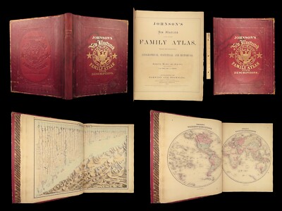 1860 Johnson Family ATLAS Geography Color 92 MAPS Texas California New York HUGE-image