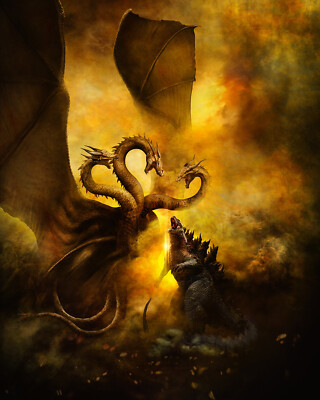 Godzilla vs. King Ghidorah Original Art print signed by Scott Harben-image