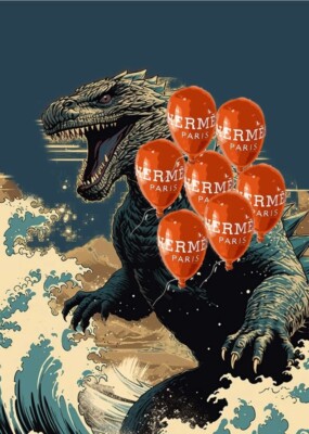 DEATH NYC ltd ed street art print 45x32cm Godzilla the great wave Hermes balloon-image