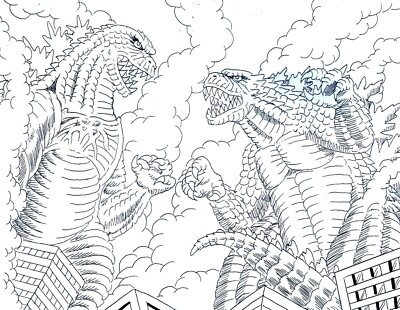 LEGENDARY GODZILLA VS SHIN GODZILLA FINE ART  ORIGINAL COMIC ART ON CARD STOCK-image