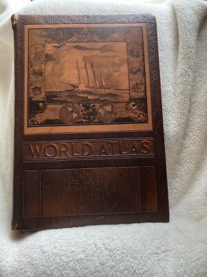 Vtg Rand McNally World Atlas Readers Ed 1943 Leather WWII War Section-image