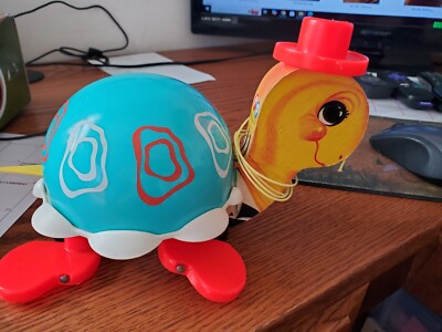 Vintage 1967 Fisher Price Chiming Turtle Pull Toy with Moving Feet & Sound-image