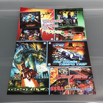 Sega SIGNED German Catalog Flyer Photo. Pinball Machine Art Jon Borg Godzilla-image