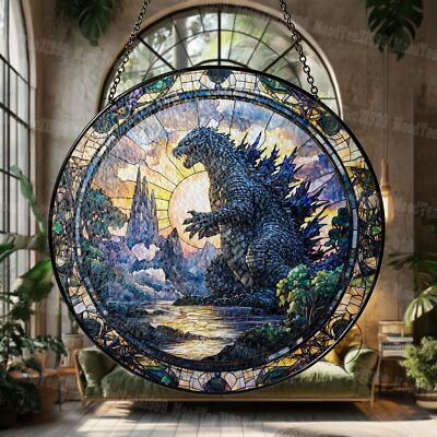 Round Stained Glass Suncatcher Godzilla Monster Window Hanging Decor Gift-image