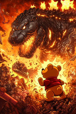 GODZILLA MEETS POOH Fine Art Print 13x19 Limited 1/30 Horror Movie Monster-image