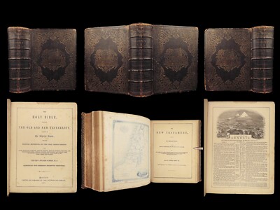 1866 HUGE BIBLE Civil War English Holy Land MAP Ingram Cobbin King James KJV-image