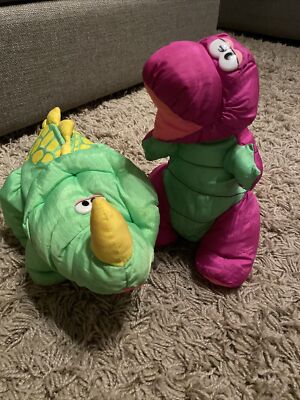 Vintage 1992 Lot Of 2 Fisher Price Puffalump Dinosaur T-Rex Triceratops W/ Sound-image