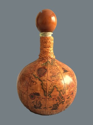 Vintage 1960's WINE DECANTER Leather Bound Middle Ages World Map - Made in Italy-image