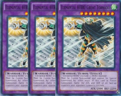 Yugioh - Elemental HERO Great Tornado x 3 - NM - Free Holographic Card-image