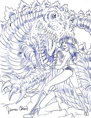 WONDER WOMAN VS GODZILLA ORIGINAL COMIC ART BY COMIC ARTIST JAMES CHEN-image