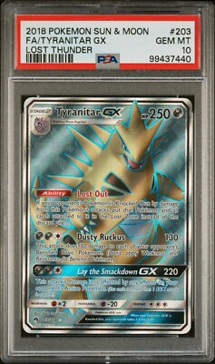 2018 POKEMON SUN & MOON LOST THUNDER 203 FULL ART/TYRANITAR GX PSA 10-image