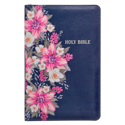 KJV Red Letter Bible, Faux Leather w/Ribbon Marker & Zipper Closure, Blue Floral-image