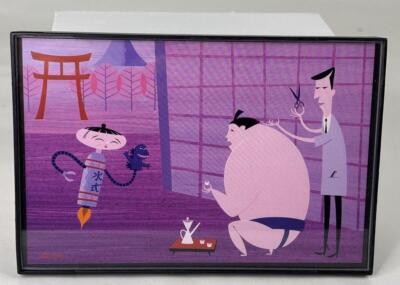 Shag Josh Agle Framed Art  Print Card Pop Sumo Tea Time Godzilla Puppet Barber-image