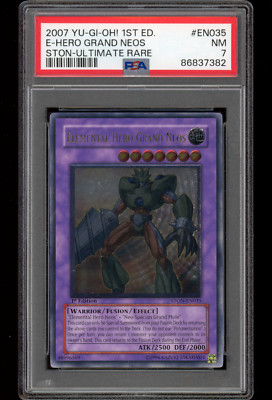 PSA 7 NM - Elemental Hero Grand Neos STON-EN035 1st Edition Ultimate Rare YuGiOh-image