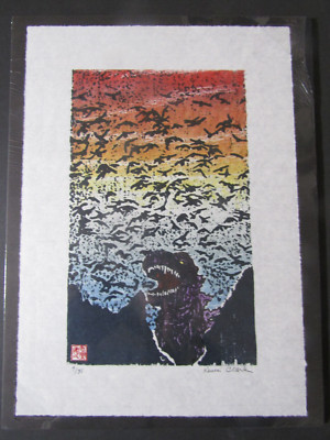 Kaiju godzilla & his Murder woodcut woodblock print Japanese moku hanga washi-image
