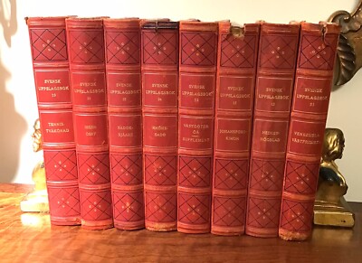 8 Swedish 1/2 Bound Leather Books Lots of Pics & Illustration & Maps REDUCED $$$-image