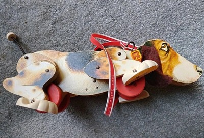 Vintage Fisher Price Snoopy Dog Pull Toy #181 Wood w/Clicking Sound 1961 -image