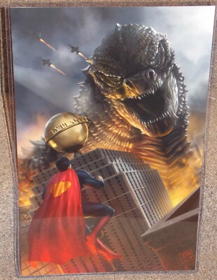 Superman vs Godzilla Glossy Art Print 11 x 17 In Hard Plastic Sleeve-image
