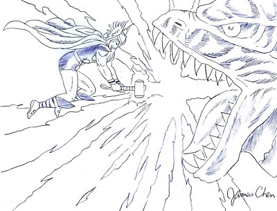 GODZILLA VS AVENGERS & THOR ORIGINAL COMIC ART ON CARD STOCK BY JAMES CHEN-image