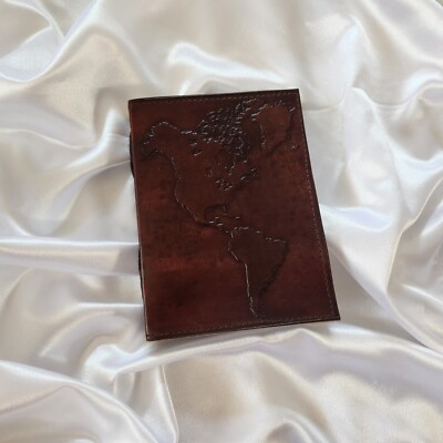 World Map Leather Journal, embossed Sketchbook, bound journal, Leather dairy.-image