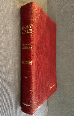 Holy Bible NIV New Scoffield Study Burgundy Leather Oxford 1984 Red Letter READ-image
