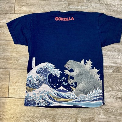 Godzilla Hokusai Wave Mt Fuji Graphic T-Shirt Mens XL Blue Short Sleeve Anime-image